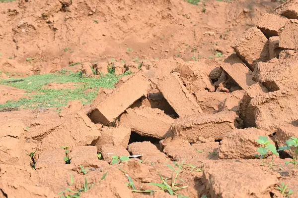Çiğ kil tuğlalar suya batırılmış. Kurumuş çamur tuğlaları, yağmur suyunda ıslanarak mahvolmuş. Tuğla üretimi.