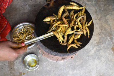 Small Snakehead or Channa orientalis Fish being fried in a pan. Fish are typically marinated with spices like turmeric, salt, and chili powder before being deep fried until they are crispy and golden.