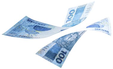 Brezilya 'dan gelen 100 reais' in banknotları izole edilmiş beyaz arka plana düşüyor. Brezilya para biriminin düşüşü, devalüasyon, ekonomik kriz.