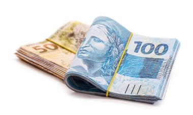 100 ve 50 reais 'lik banknotlar, Brezilya parası, bin reais, ödeme, maaş, izole beyaz arka plan