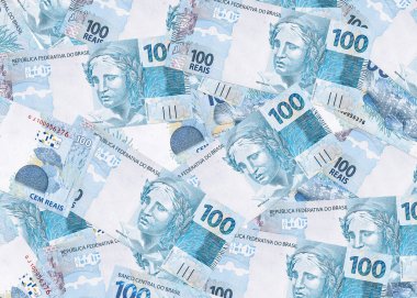 Brezilya 'dan gelen 100 reais banknotları, Brezilya parasının dokusu, Reais arkaplan notları.