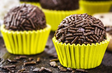 Brazilian bonbon called brigadeiro, small chocolate candy , Brazillian tipical food