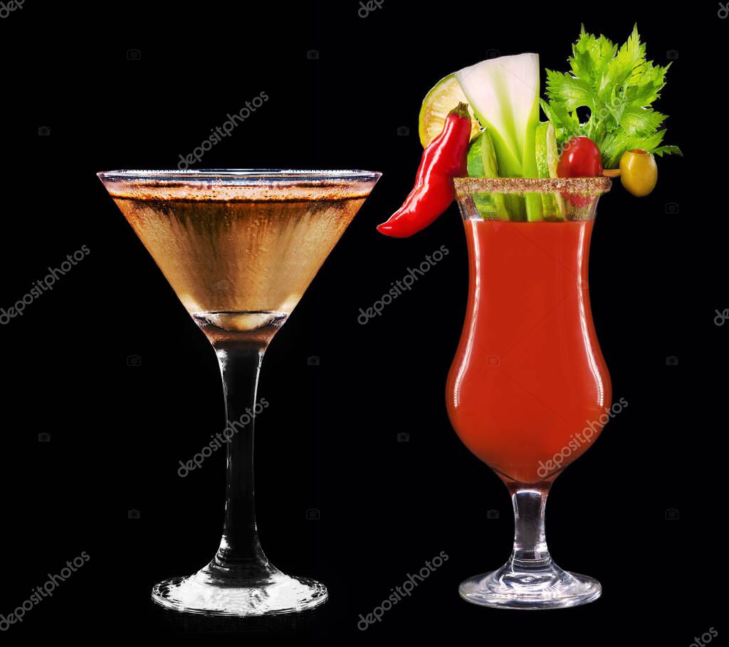 exotic drinks, Bloody mary, gin with chocolate, isolated black