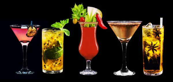 exotic drinks, Bloody mary, gin with chocolate, vodka with passion fruit, isolated black background and copy space