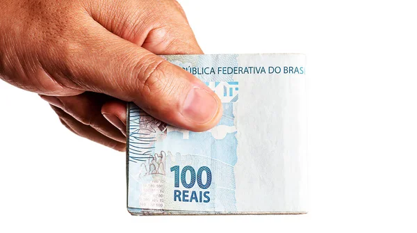 Handen Innehar Flera Sedlar Hundra Reais Från Brasilien Isolerad Vit — Stockfoto