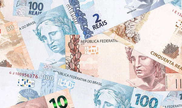 Различные Бразильские Деньги Банкноты Реальные Банкноты Текстуре Заднем Плане — стоковое фото
