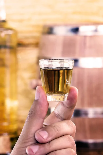 Glass Golden Rum Bottle Bottle Pouring Alcohol Small Glass Brazilian — стоковое фото