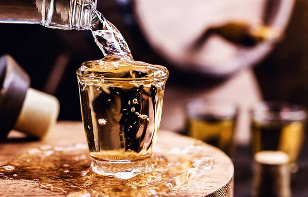 Glass Golden Rum Bottle Bottle Pouring Alcohol Small Glass Brazilian — Stock Photo, Image