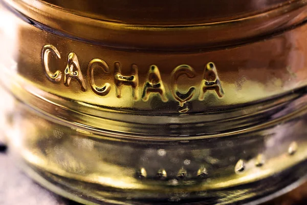 Glass Golden Rum Bottle Bottle Pouring Alcohol Small Glass Brazilian — Stock fotografie