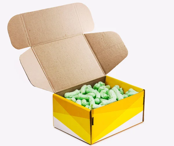 Förpackning Låda Med Polyester Styrofoam Flingor Jordnöt Biologiskt Nedbrytbar För — Stockfoto