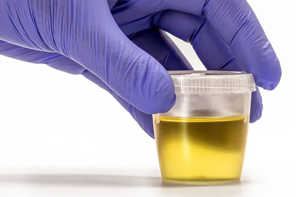 Collection Bottle Urine Being Handled Blue Gloved Hand Eas Urine Stock Photo