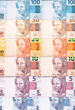 Brezilya para banknotları, 100, 50, 20, 10 5 ve 2 reais. Brezilya para birimi kağıdı