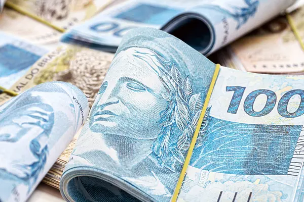 Viele Hundertfünfzig Reais Banknoten Brasilianisches Geld Hauptpreis Bezahlung Gehalt Auf lizenzfreie Stockbilder