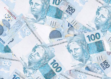 Brezilya 'dan gelen 100 reais banknotları, Brezilya parasının dokusu, Reais arkaplan notları.