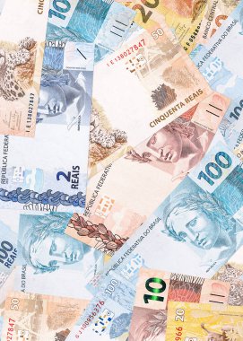 Çeşitli Brezilya para banknotları, gerçek banknotlar dokusu ve arka plan