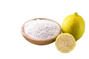 vinegar with lemon , bicarbonate of soda on kitchen sponge on white isolated background