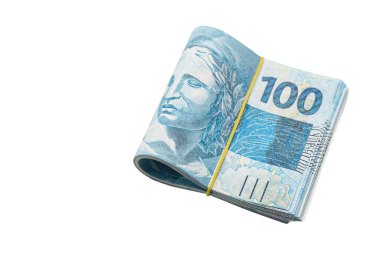 banknotes of 100 and 50 reais, package of money, come and fifty Brazilian reais, isolated white background