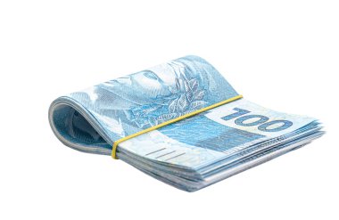banknotes of 100 and 50 reais, package of money, come and fifty Brazilian reais, isolated white background