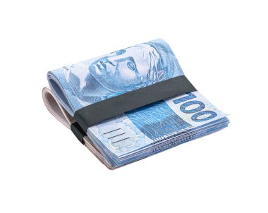 banknotes of 100 and 50 reais, package of money, come and fifty Brazilian reais, isolated white background