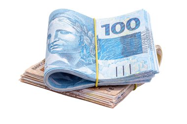 banknotes of 100 and 50 reais, package of money, come and fifty Brazilian reais, isolated white background