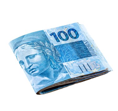 banknotes of 100 and 50 reais, package of money, come and fifty Brazilian reais, isolated white background