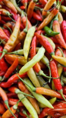 Green, Red and yellow hot chili peppers on display at a market stall. clipart