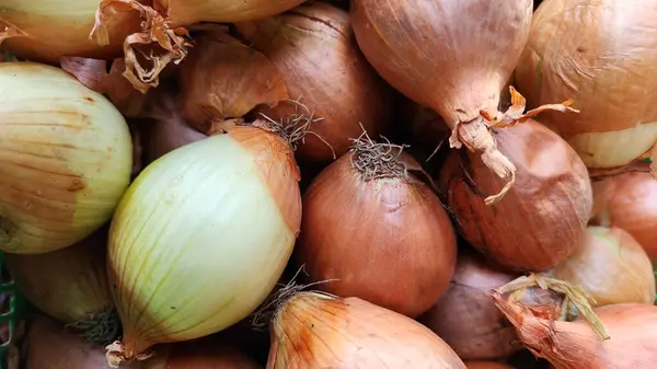 Piyasada soğan, fotoğrafa yakın çekim. doğal arkaplan