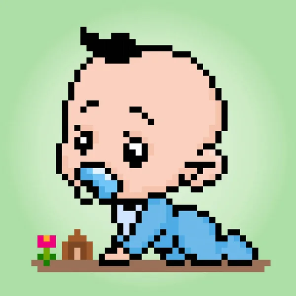 Pixels Baby Jongen Speelt Vector Illustratie Van Schattige Baby Kruipt — Stockvector