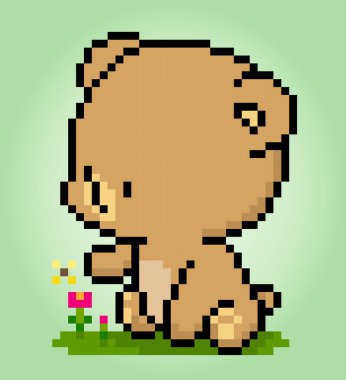 Pixel 8 bit brown bear sitting. Animal game assets in vector illustration. clipart