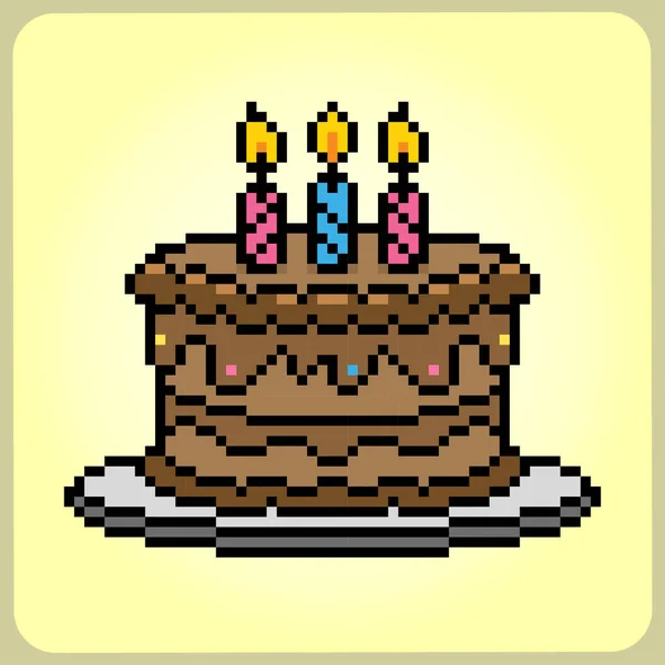 Bit Pixel Birthday Cake Food Item Game Assets Vector Illustration — Stock Vector