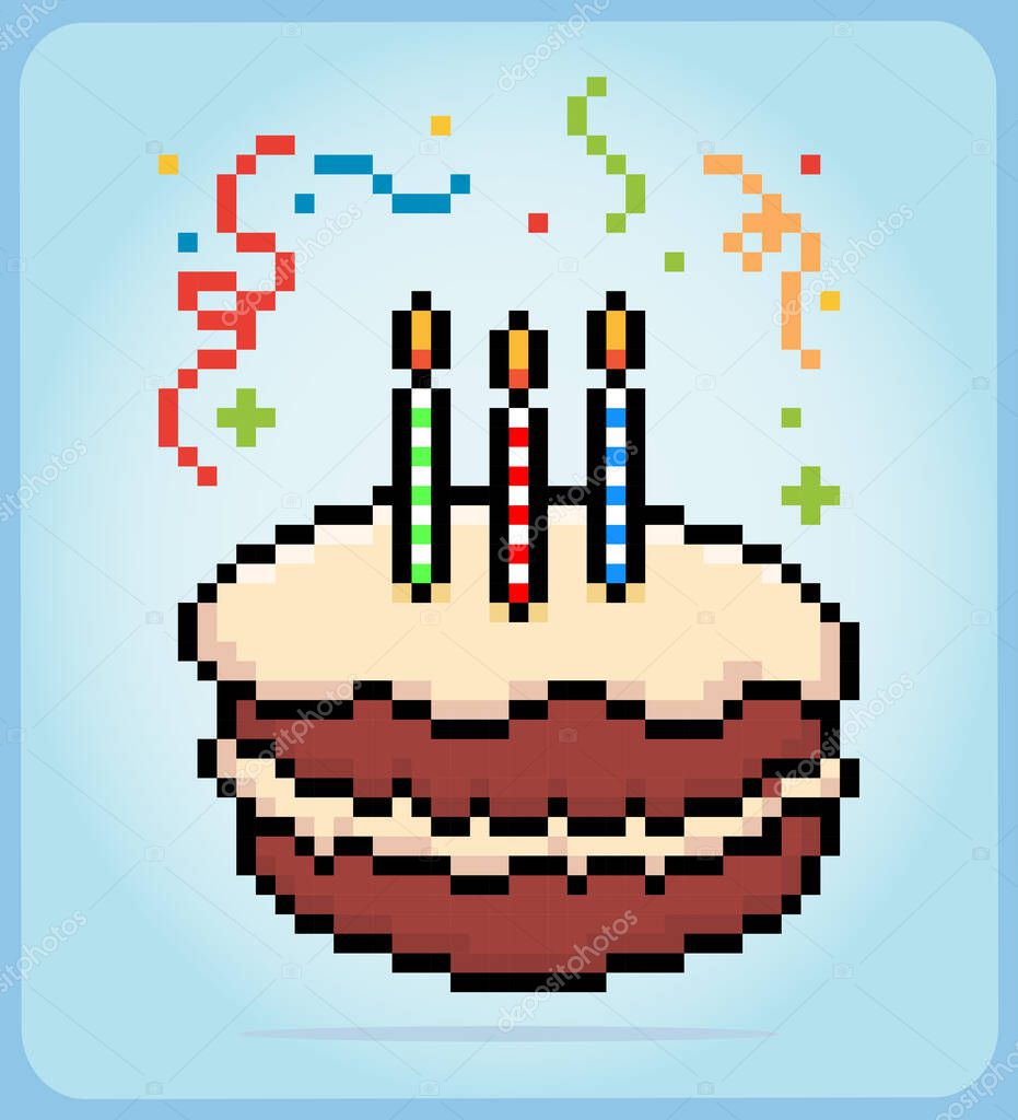 8 bit pixel birthday cake. food item for game assets in vector illustration.