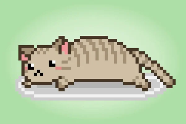 ピクセル8ビットの怠惰な猫 ベクターイラストのゲーム資産のための動物 — ストックベクタ