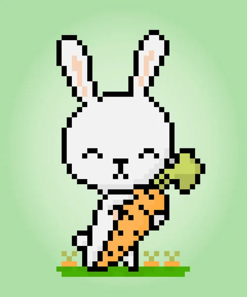 Pixel 8位兔子拿着胡萝卜病媒图解中的动物游戏资产 — 图库矢量图片