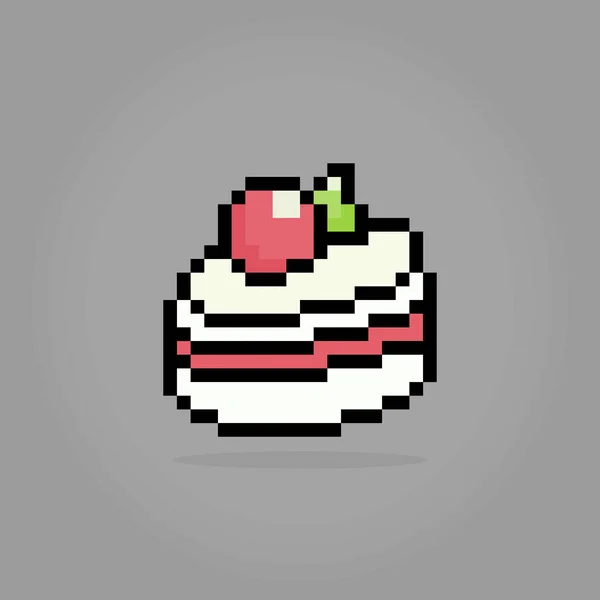 Pixel 8位一块蛋糕 游戏资产和十字绣图案矢量图上的生日蛋糕 — 图库矢量图片