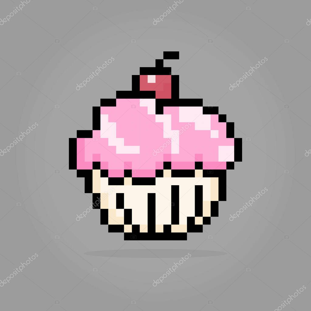 Pixel 8 bit cupcake. Food dishes in vector illustrations.