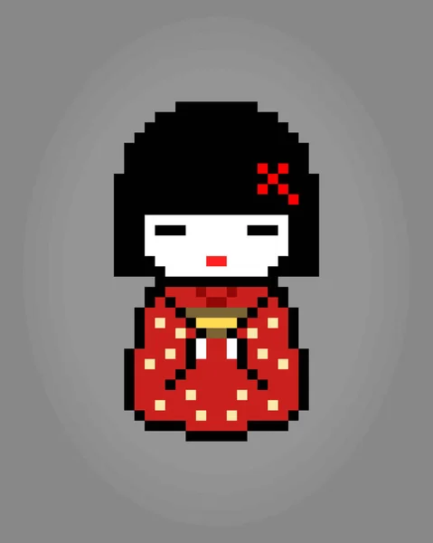 Bit Pixels Character Women Wear Kimono Dress 게이샤 화소에 자산이나 — 스톡 벡터