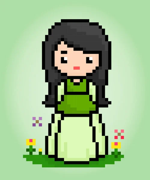 ピクセルの女性の文字の8ビット ゲーム資産やクロスステッチパターンのためのベクトルイラストのアニメの女の子 — ストックベクタ