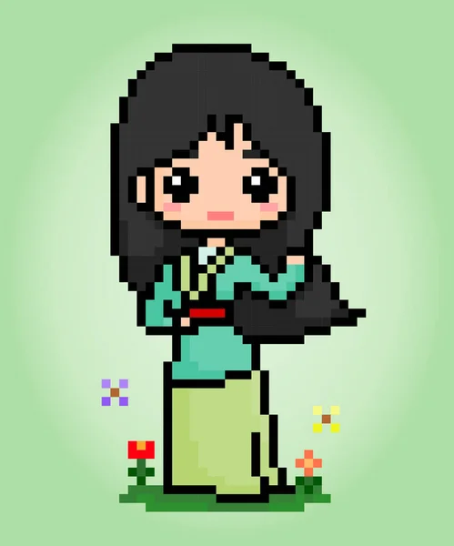 8ビットピクセルの女性は羽布のドレスを着用 ゲーム資産やクロスステッチパターンのためのベクトルイラストの中国の女の子 — ストックベクタ