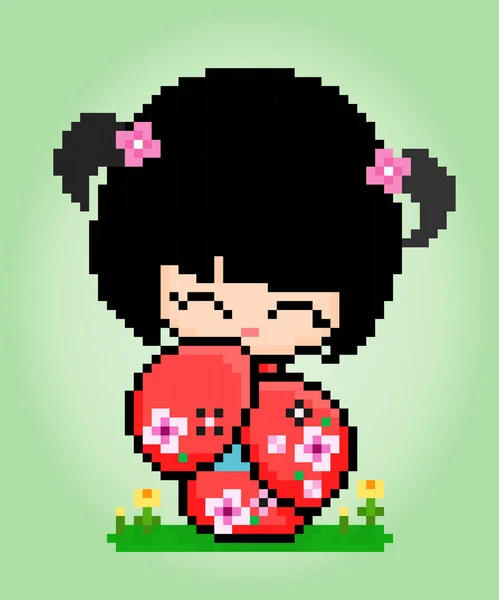 Bit Pixels Charakter Ženy Nosí Kimono Šaty Dospělá Dívka Pixelů — Stockový vektor