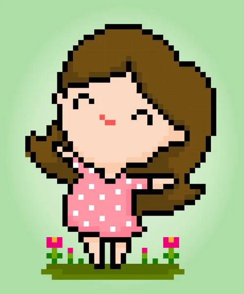 8ビットピクセル幸せな女の子 ベクトルイラストの女性漫画 — ストックベクタ