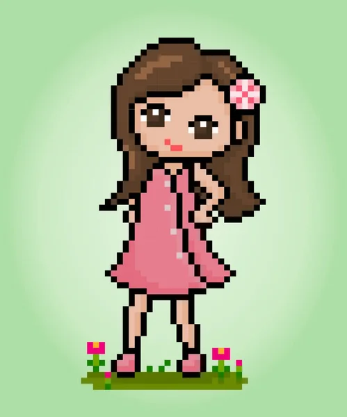 Bit Pixel Gadis Cantik Wanita Kartun Dalam Ilustrasi Vektor - Stok Vektor