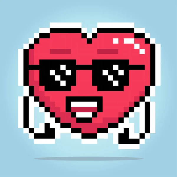 Bit Pixel Heart Character Wearing Glasses Love Icon Thumb Hand — Stock Vector