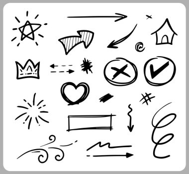 Çizgili Siyah İnce Çizgi Dizisinin Karalama özeti Vector illüstrasyonunda Kalp, Felç, Çember ve Ok İmzalamasını içerir