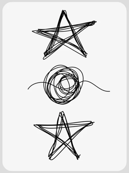 矢量图上用细线 形状星和圆圈勾画出缠结的圆圆的手笔 — 图库矢量图片