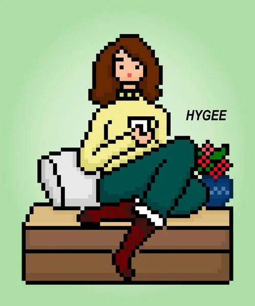 Bit Pixels Θέμα Hygge Καρτούν Των Γυναικών Που Κάθονται Χαλαρώνοντας — Διανυσματικό Αρχείο
