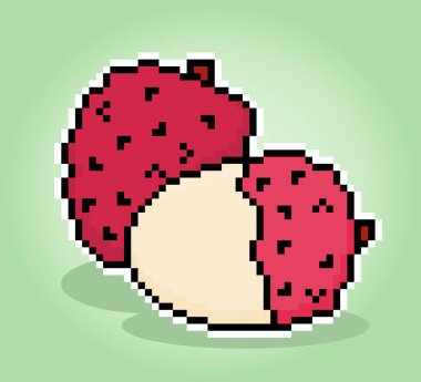 8 bit piksel lychee. Oyun varlıkları için liçi meyvesi ve vektör illüstrasyonlarında çapraz dikiş desenleri.