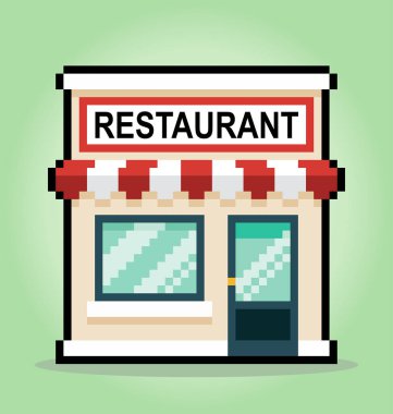 8 bit piksel dükkanı, restoran. vektör illüstrasyonlarında oyun varlıkları ve web simgesi için ev simgesi pazarlama.