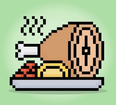 8 bit pikseller bir kasede sağlıklı yiyecekler, izole edilmiş et. Oyun varlıkları için yiyecekler ve vektör çizimlerindeki çapraz dikişler.