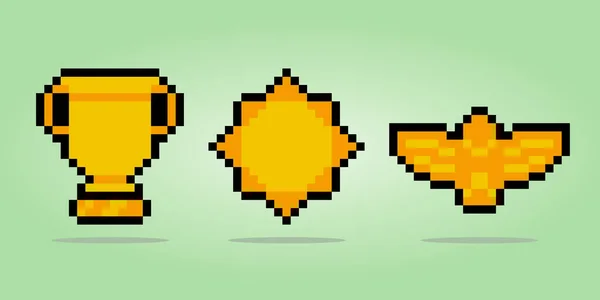 Trófeagyűjtemény Pixel Művészetben Bites Játékokra Arany Trófea Vektorban — Stock Vector