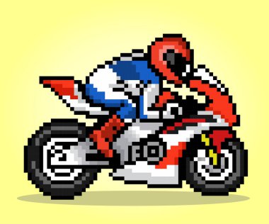8-bit pikseli. Oyun varlıkları veya çapraz dikişler için vektör çizimlerinde motosiklet süren adam..
